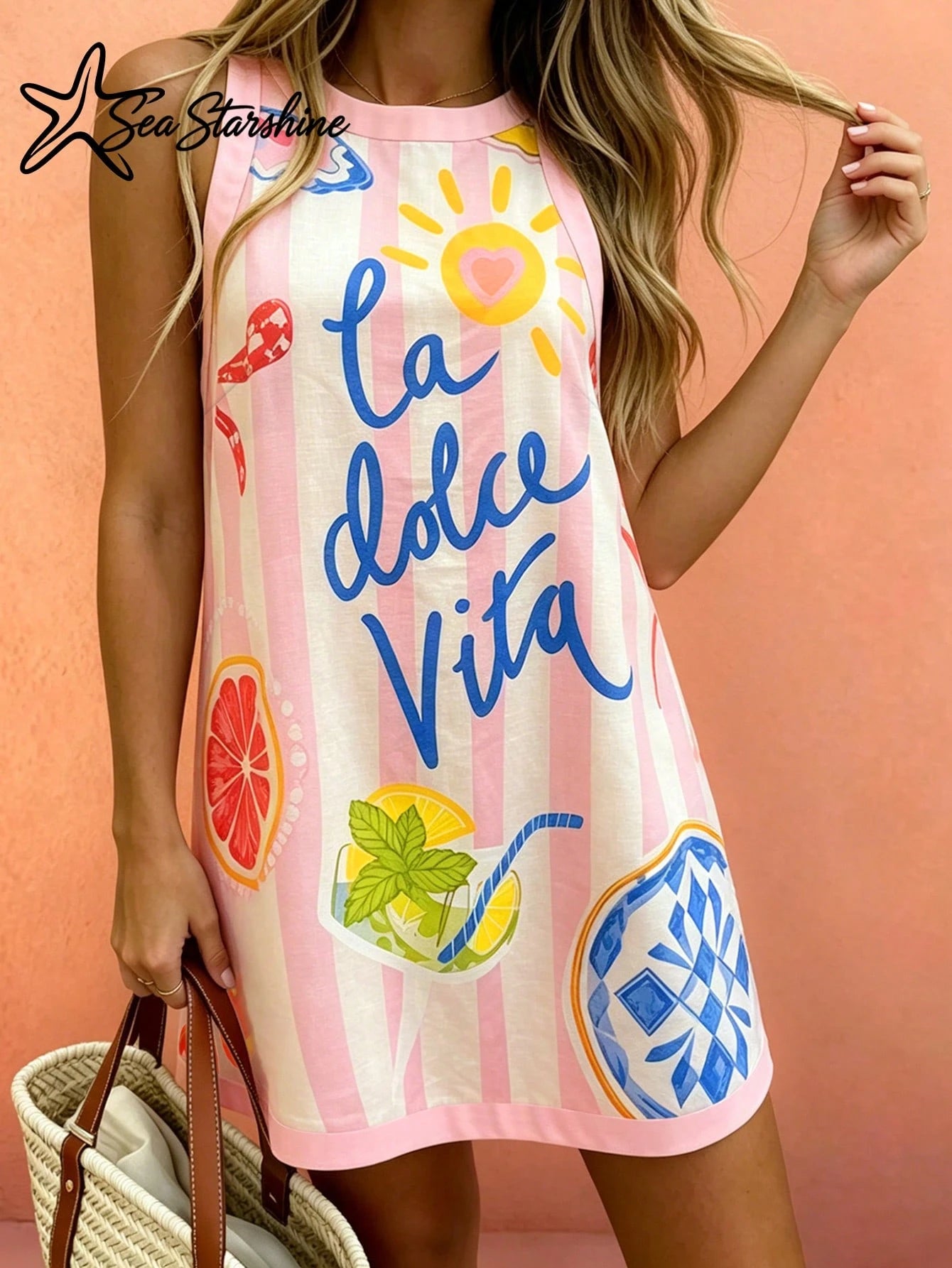 Sea Starshine New Arrival:Dopamine-Hued Sleeveless Dress Featuring Lobster And Letter Prints- Elegant Summer