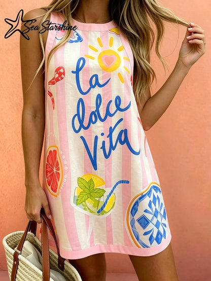 Sea Starshine New Arrival:Dopamine-Hued Sleeveless Dress Featuring Lobster And Letter Prints- Elegant Summer