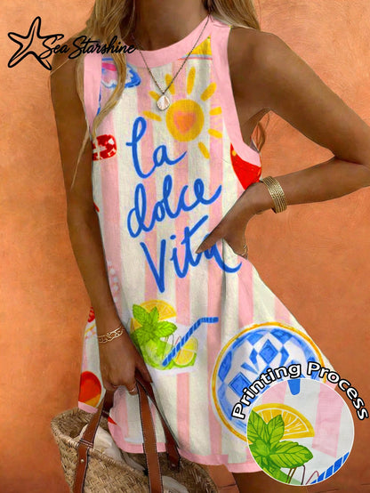 Sea Starshine New Arrival:Dopamine-Hued Sleeveless Dress Featuring Lobster And Letter Prints- Elegant Summer