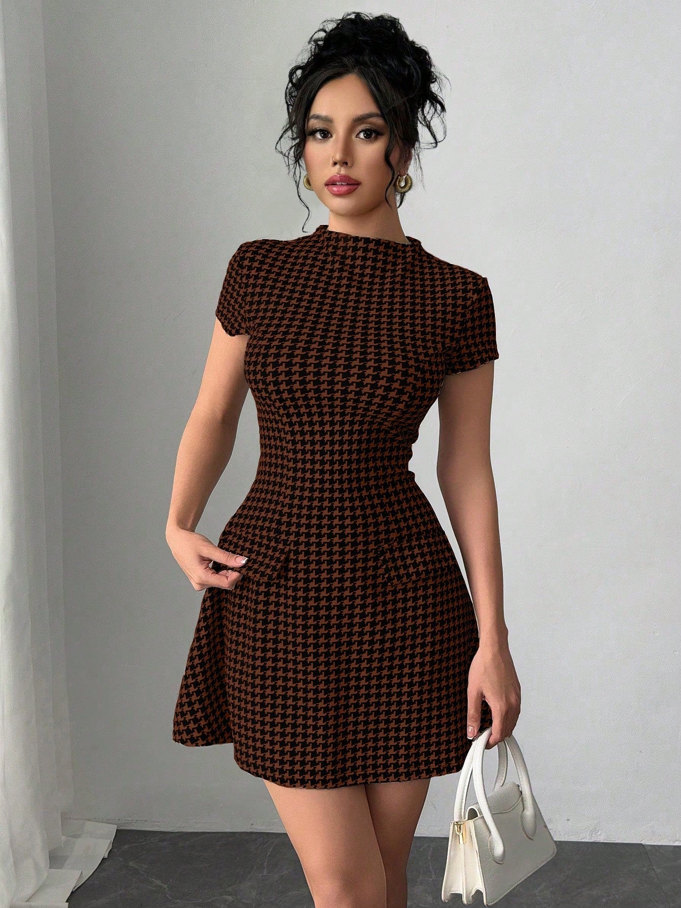 Selianne Slim Fit Cocktail Princess Dress With Short Sleeves And Waistline, Houndstooth Pattern Design, Cutout Details, Unique Style, Assorted Floral Prints