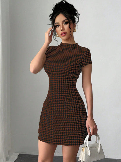 Selianne Slim Fit Cocktail Princess Dress With Short Sleeves And Waistline, Houndstooth Pattern Design, Cutout Details, Unique Style, Assorted Floral Prints