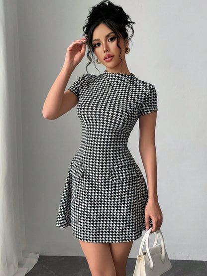 Selianne Slim Fit Cocktail Princess Dress With Short Sleeves And Waistline, Houndstooth Pattern Design, Cutout Details, Unique Style, Assorted Floral Prints