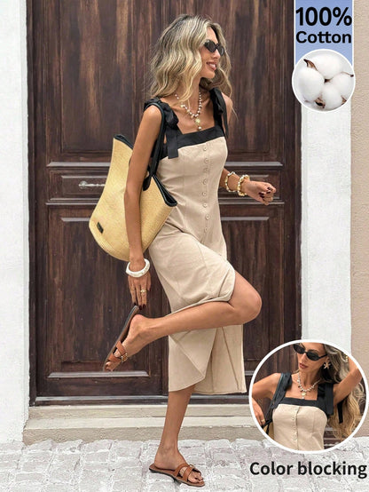 Serisse Women's 100 Cotton Colorblock Lace-Up Front Button Midi Dress, Black And Beige Contrast Edging Elegant Boho Sundress, Summer Holiday Vacation Picnic