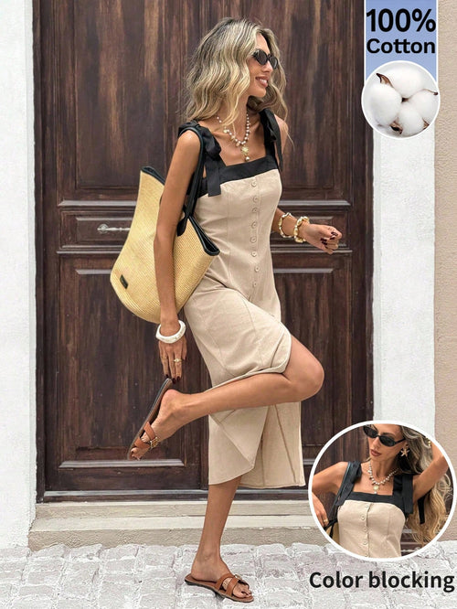 Serisse Women's 100 Cotton Colorblock Lace-Up Front Button Midi Dress, Black And Beige Contrast Edging Elegant Boho Sundress, Summer Holiday Vacation Picnic