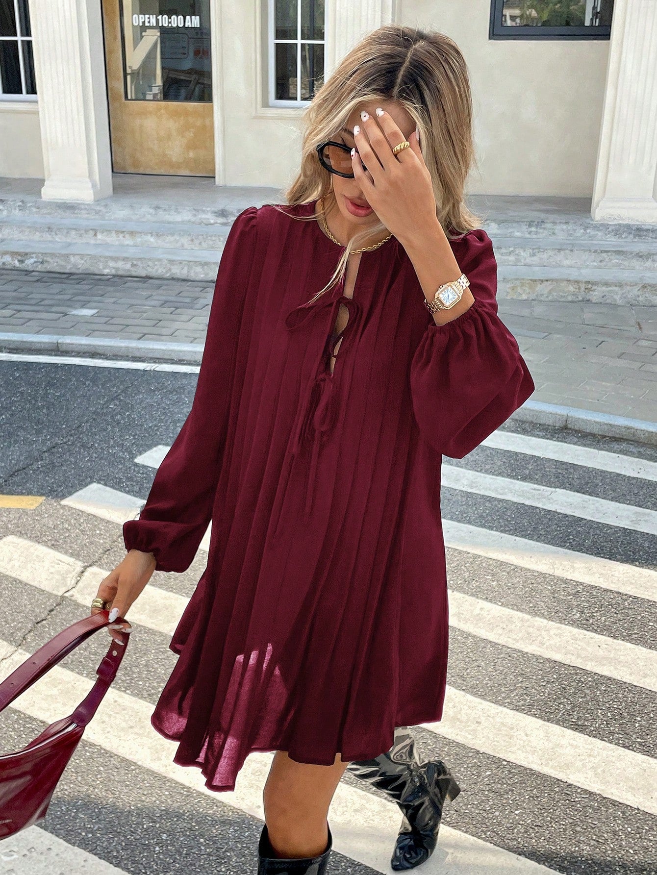 Serisse Women's Elegant Burgundy Autumn Pleated Dress,Basic Striped Brunch Outfit,Casual Holiday Resort & Valentine's Day Christmas Winter New Year Costume