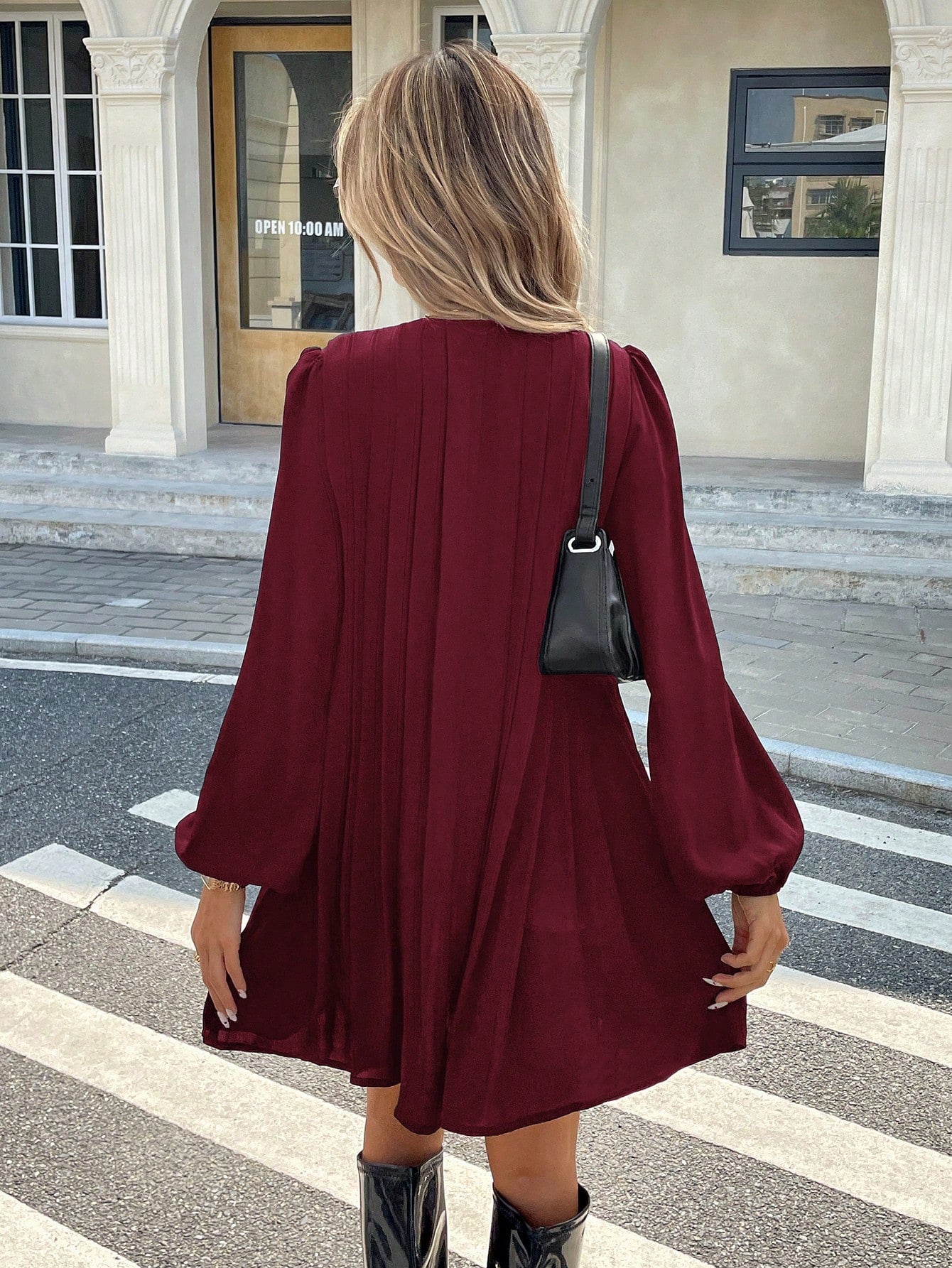 Serisse Women's Elegant Burgundy Autumn Pleated Dress,Basic Striped Brunch Outfit,Casual Holiday Resort & Valentine's Day Christmas Winter New Year Costume