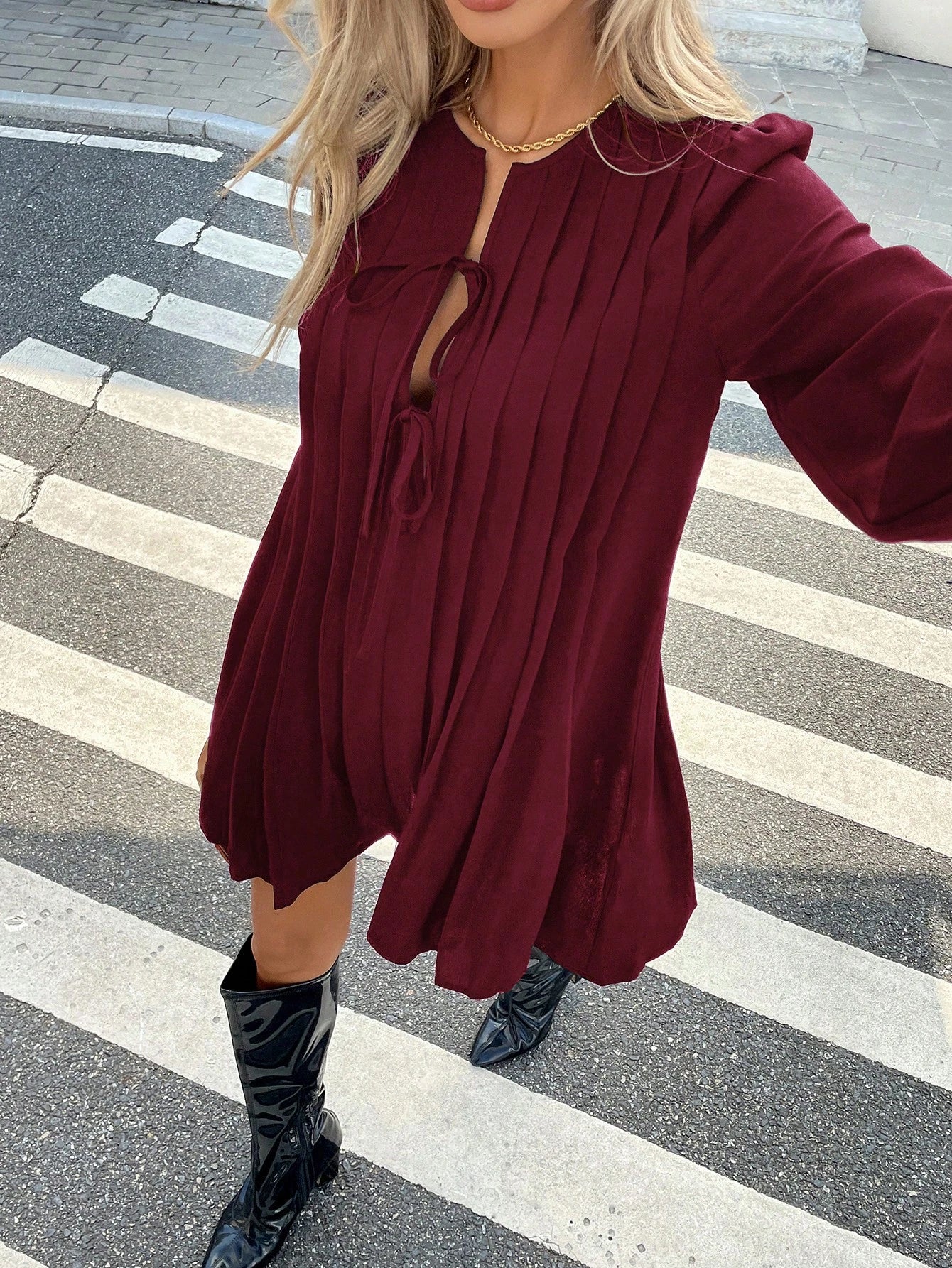 Serisse Women's Elegant Burgundy Autumn Pleated Dress,Basic Striped Brunch Outfit,Casual Holiday Resort & Valentine's Day Christmas Winter New Year Costume