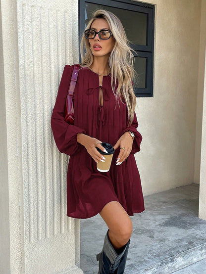 Serisse Women's Elegant Burgundy Autumn Pleated Dress,Basic Striped Brunch Outfit,Casual Holiday Resort & Valentine's Day Christmas Winter New Year Costume
