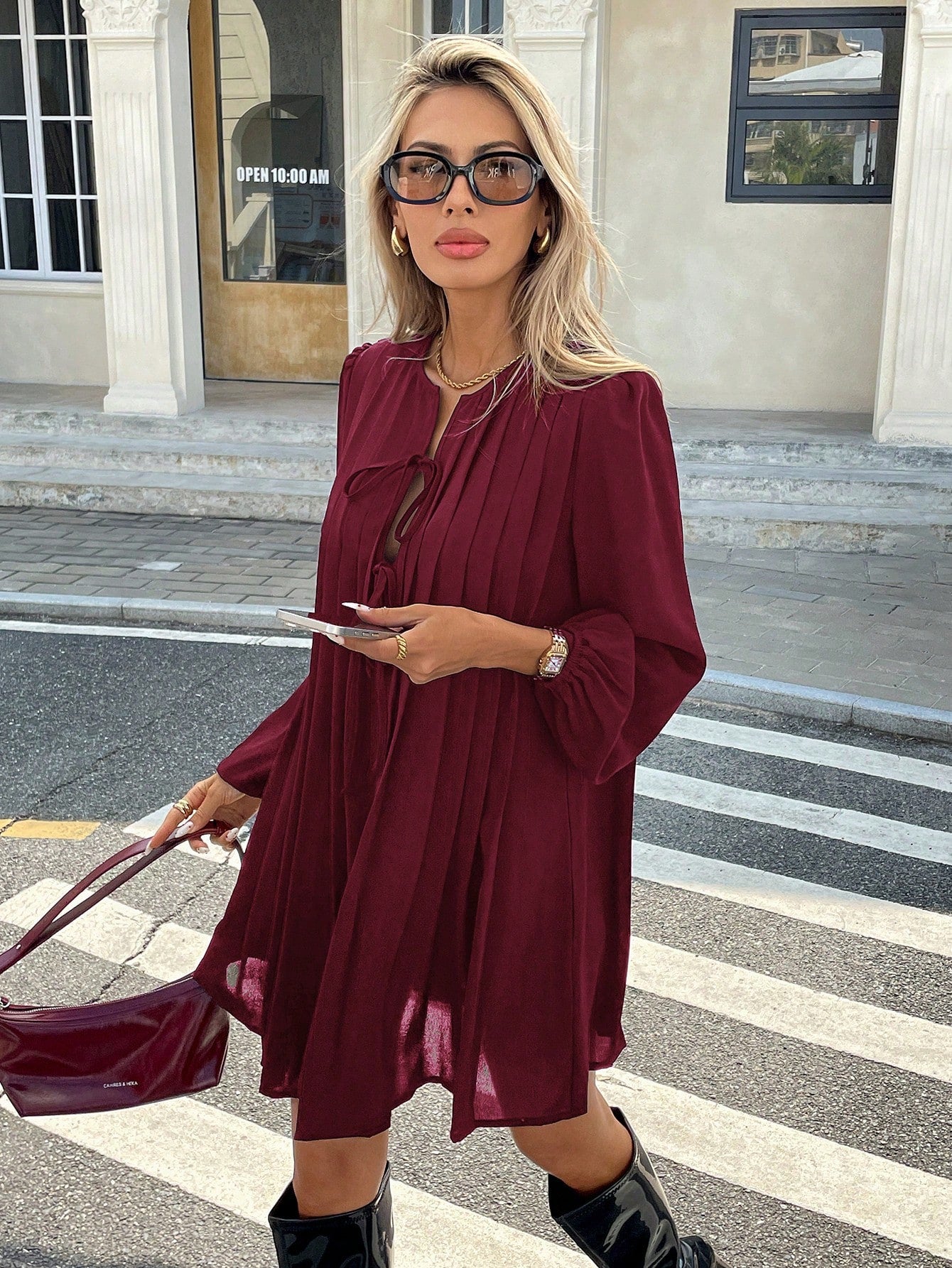 Serisse Women's Elegant Burgundy Autumn Pleated Dress,Basic Striped Brunch Outfit,Casual Holiday Resort & Valentine's Day Christmas Winter New Year Costume