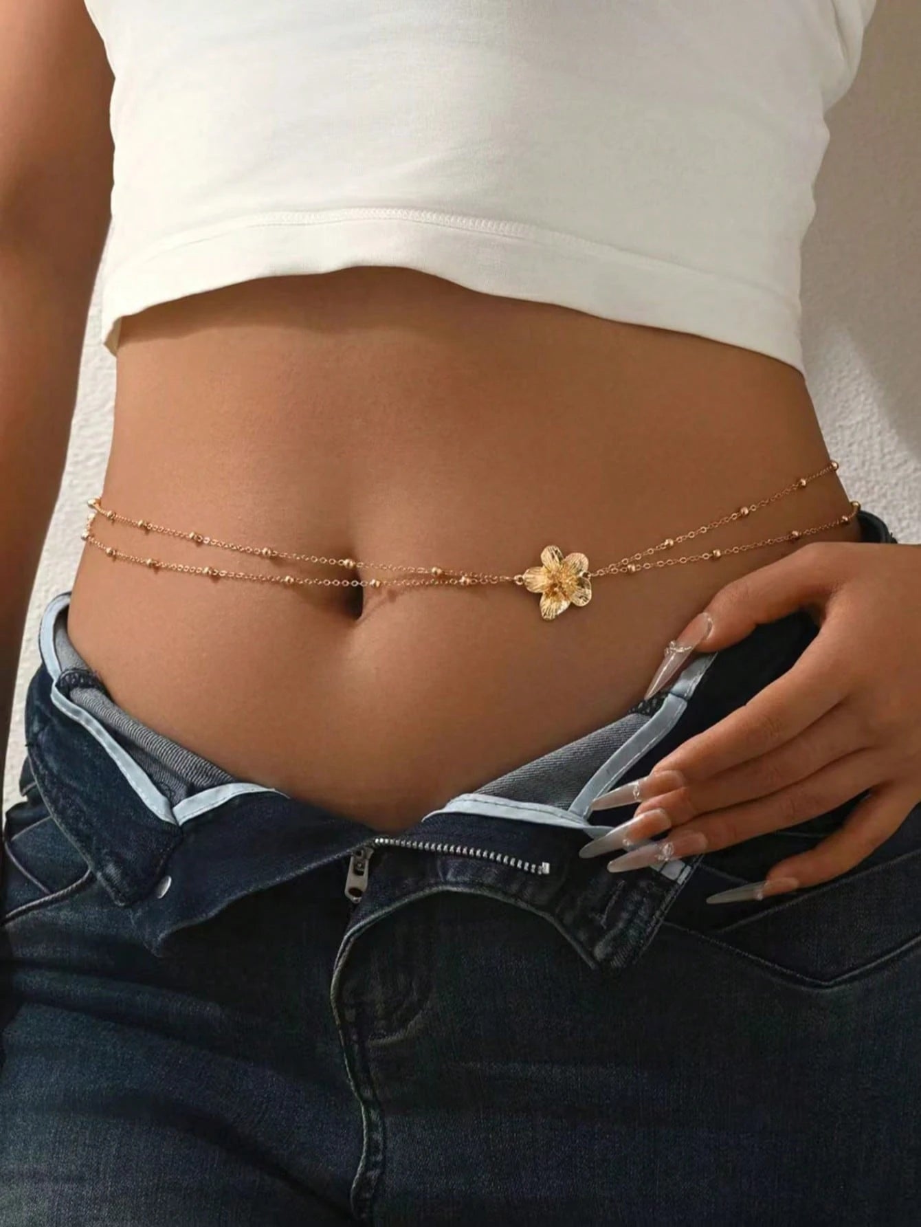 Sexy Bohemian Style Primula Flower Double Layer Waist Chain, Adjustable Beaded Waist Chain Bikini Chain, Summer Beach Vacation Women's Daily Wear Party Gift
