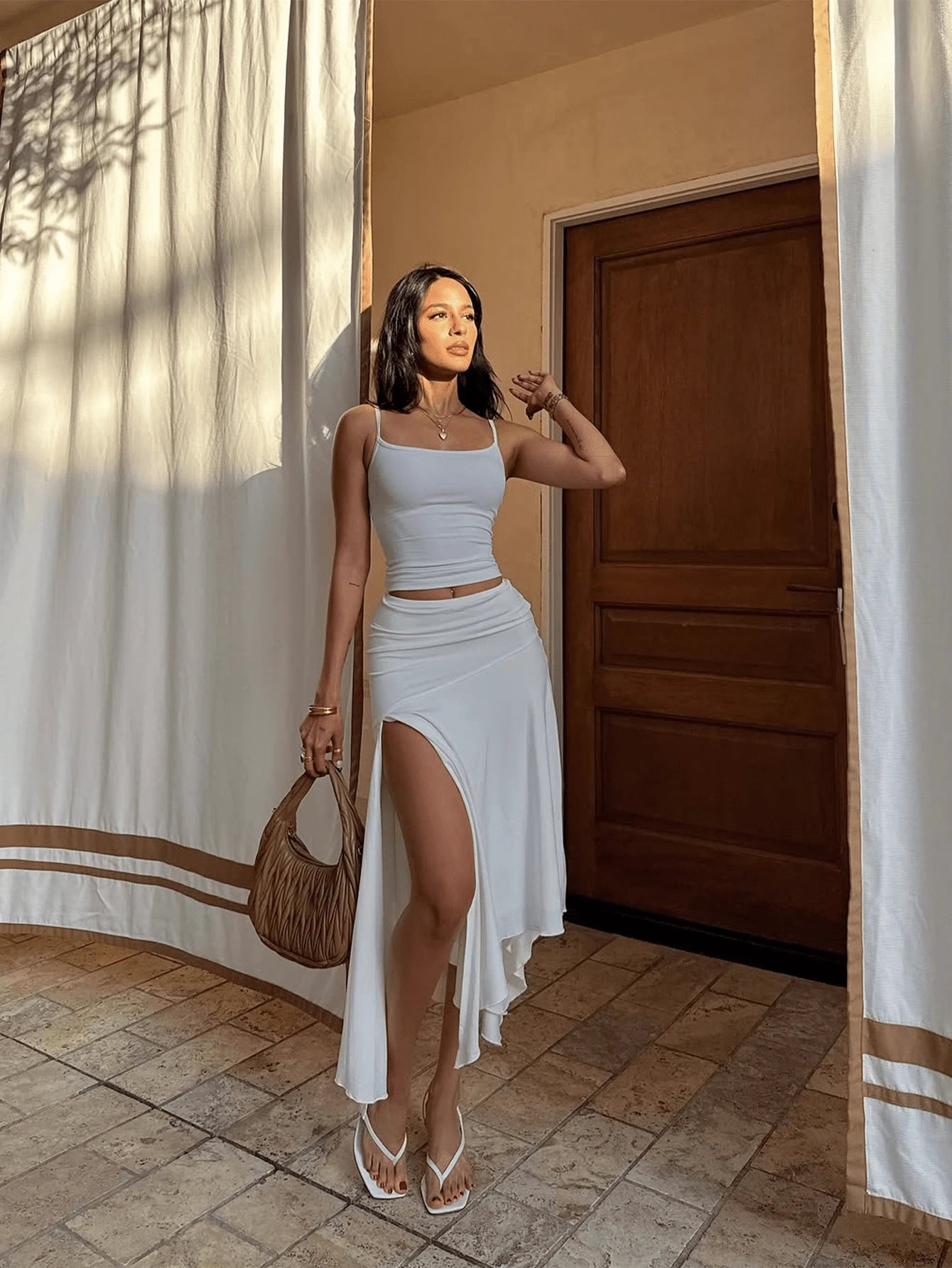 Sexy Solid Color Camisole And High Slit Skirt 2 Pieces Set, Summer White Elegant, Resort Wear
