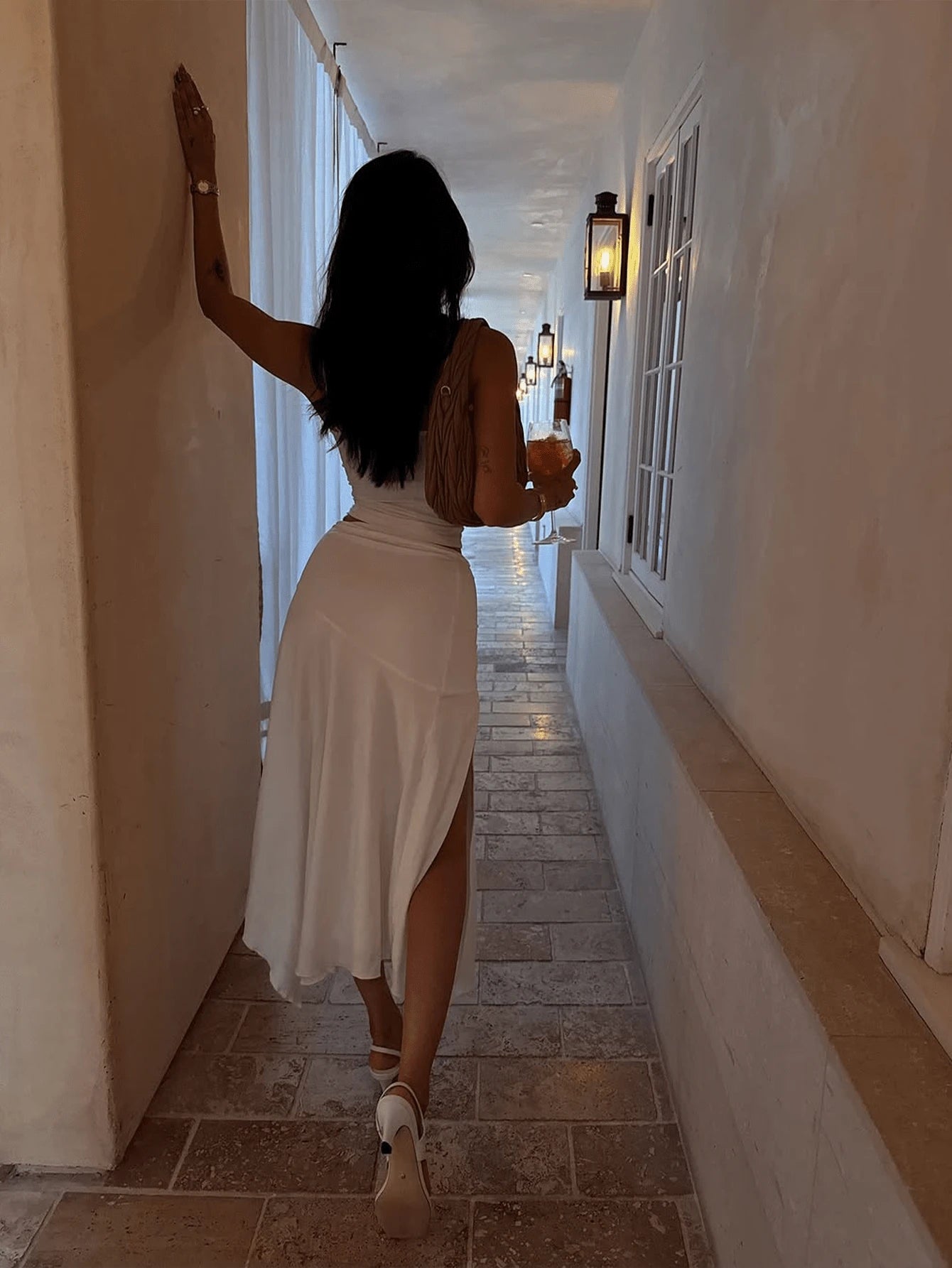 Sexy Solid Color Camisole And High Slit Skirt 2 Pieces Set, Summer White Elegant, Resort Wear