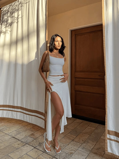 Sexy Solid Color Camisole And High Slit Skirt 2 Pieces Set, Summer White Elegant, Resort Wear