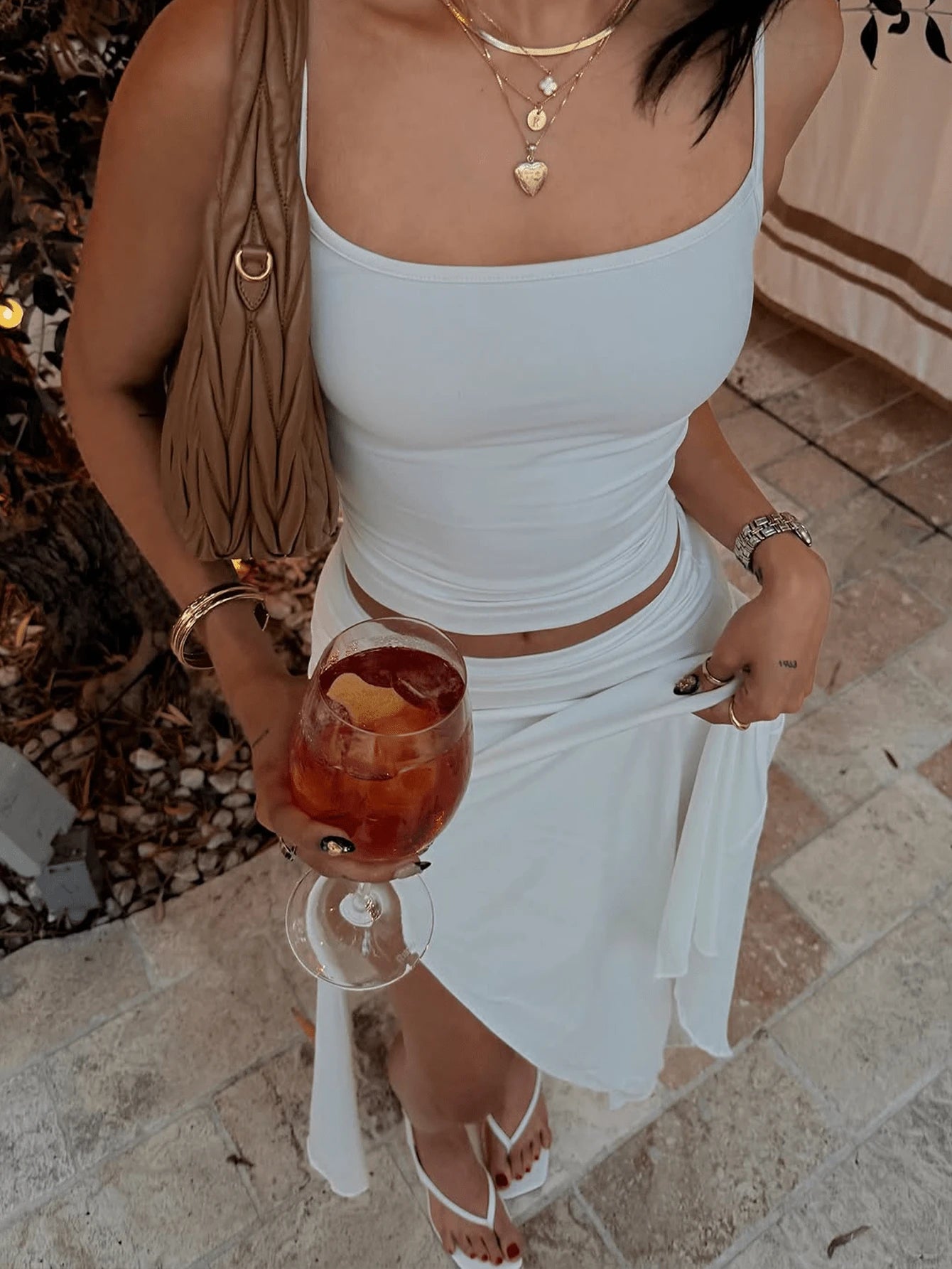Sexy Solid Color Camisole And High Slit Skirt 2 Pieces Set, Summer White Elegant, Resort Wear