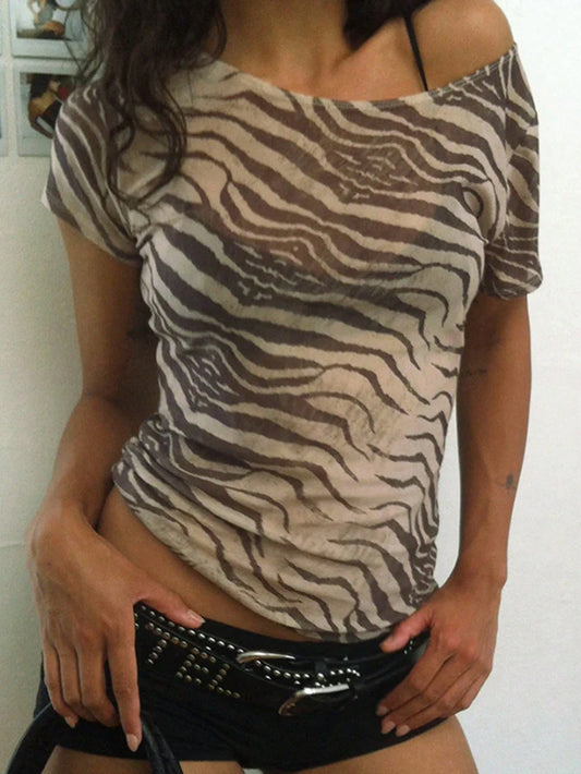 Sexy Summer Women's Graphic Print Mesh Short Sleeve Top, Suitable For Performance & Outings Casual Brown, Streetwear
