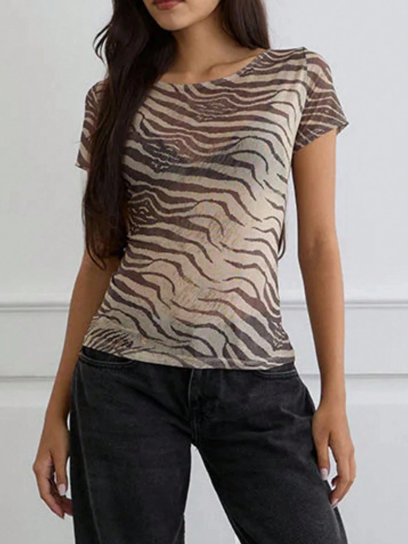 Sexy Summer Women's Graphic Print Mesh Short Sleeve Top, Suitable For Performance & Outings Casual Brown, Streetwear