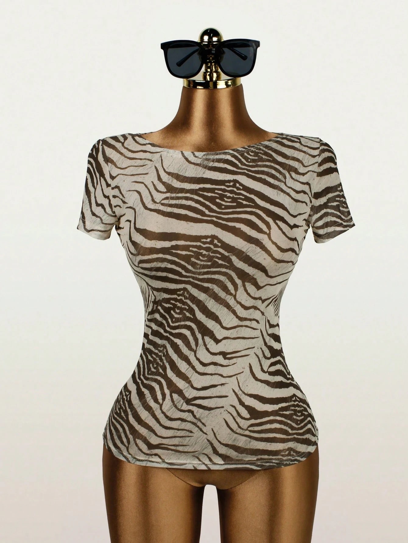 Sexy Summer Women's Graphic Print Mesh Short Sleeve Top, Suitable For Performance & Outings Casual Brown, Streetwear