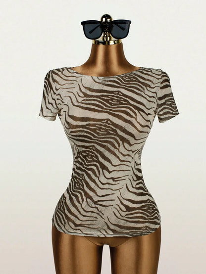Sexy Summer Women's Graphic Print Mesh Short Sleeve Top, Suitable For Performance & Outings Casual Brown, Streetwear