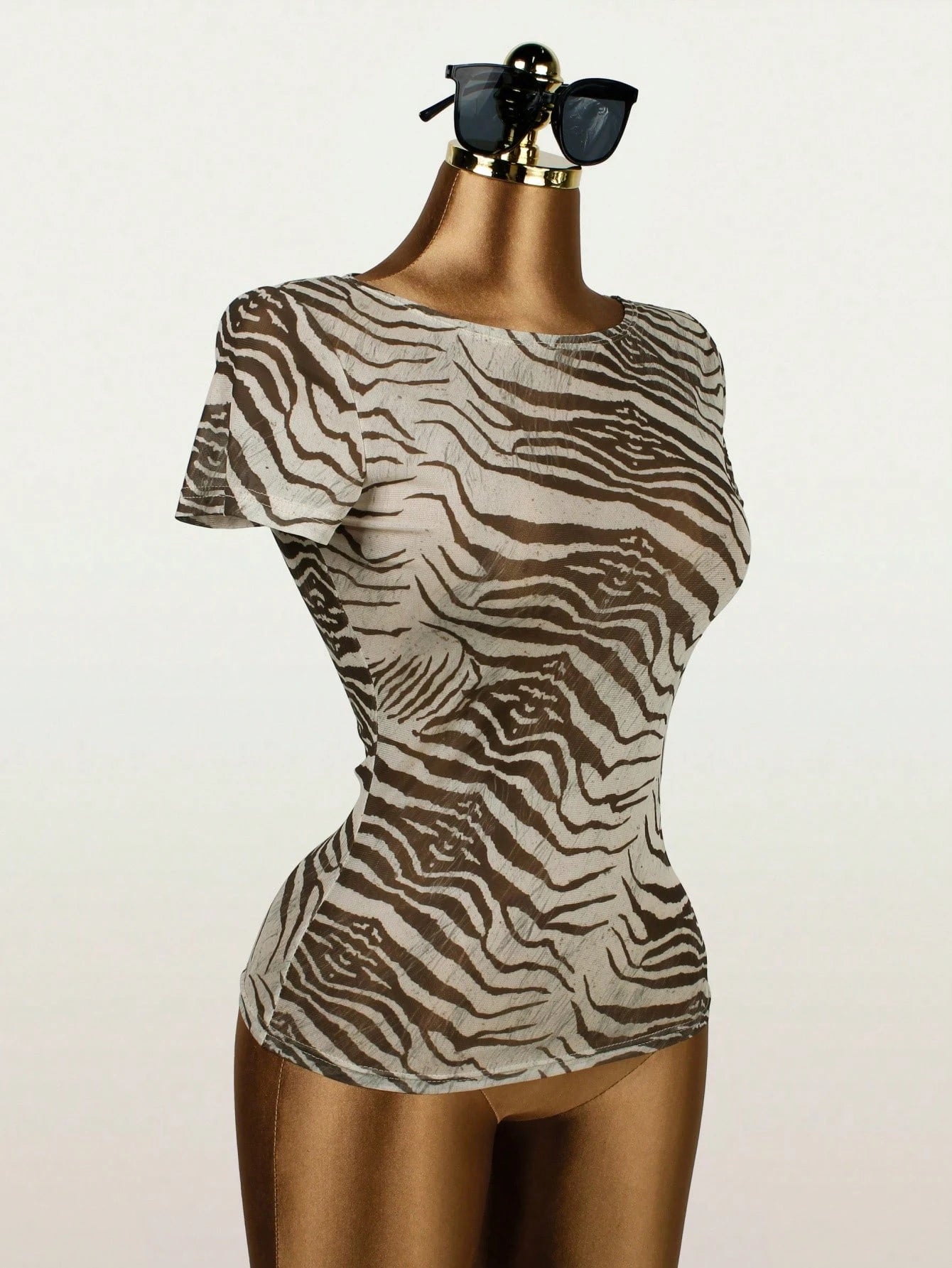 Sexy Summer Women's Graphic Print Mesh Short Sleeve Top, Suitable For Performance & Outings Casual Brown, Streetwear