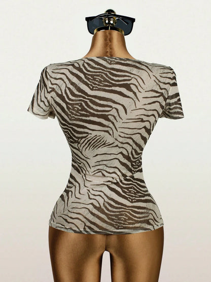 Sexy Summer Women's Graphic Print Mesh Short Sleeve Top, Suitable For Performance & Outings Casual Brown, Streetwear