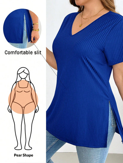 Shapeblank Plus Size Summer Casual Basic Black V-Neck Short Sleeve High Slit T-Shirt Going Out Tops Casual Blue T-Shirt For Women Casual Daily Wear T-Shirt Women