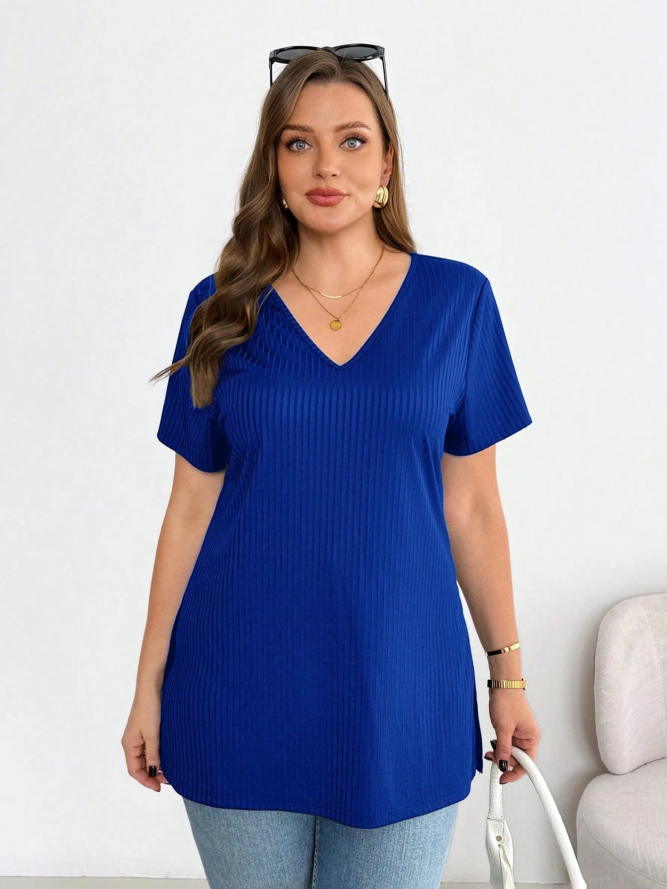 Shapeblank Plus Size Summer Casual Basic Black V-Neck Short Sleeve High Slit T-Shirt Going Out Tops Casual Blue T-Shirt For Women Casual Daily Wear T-Shirt Women