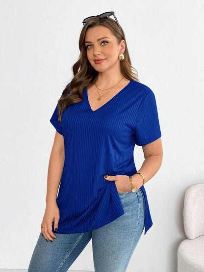Shapeblank Plus Size Summer Casual Basic Black V-Neck Short Sleeve High Slit T-Shirt Going Out Tops Casual Blue T-Shirt For Women Casual Daily Wear T-Shirt Women