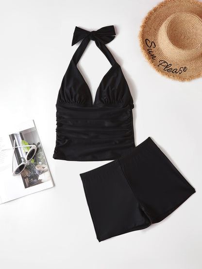 Shapewave Summer Beach Plain Tummy Control Halter Shorts Tankini