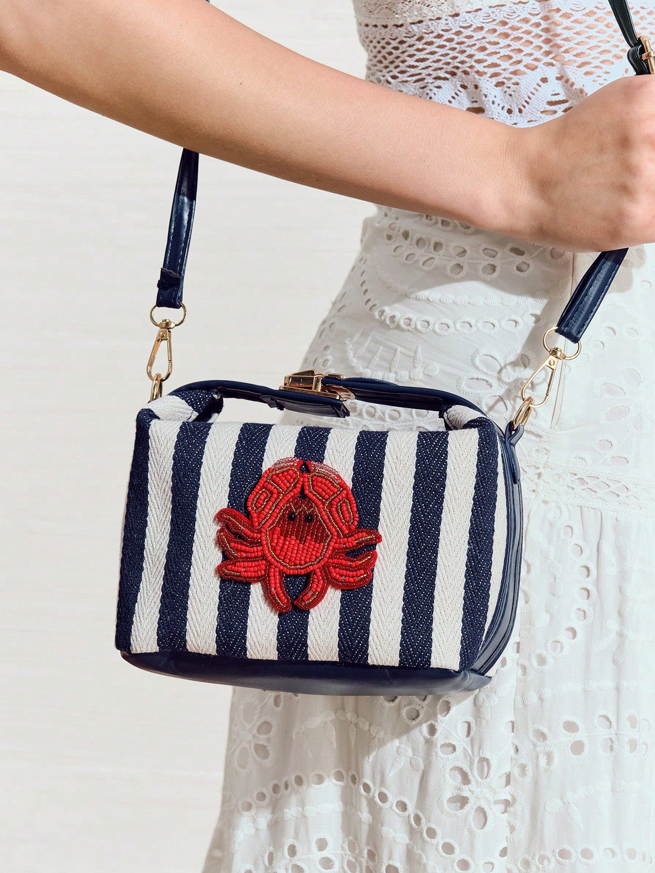 SHECARRY Ladies Fashion Blue + White Striped Canvas Handbag, Cute Crab Beads, Exquisite Hardware Carry Belt, For Summer Vacation, Travel, Shopping