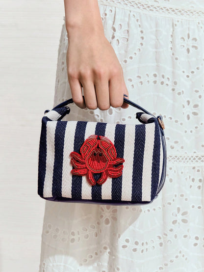 SHECARRY Ladies Fashion Blue + White Striped Canvas Handbag, Cute Crab Beads, Exquisite Hardware Carry Belt, For Summer Vacation, Travel, Shopping