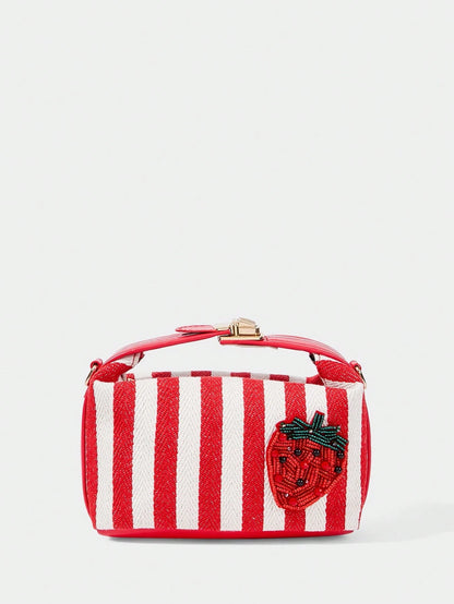 SHECARRY Ladies Fashion Blue + White Striped Canvas Handbag, Cute Crab Beads, Exquisite Hardware Carry Belt, For Summer Vacation, Travel, Shopping