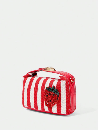 SHECARRY Ladies Fashion Blue + White Striped Canvas Handbag, Cute Crab Beads, Exquisite Hardware Carry Belt, For Summer Vacation, Travel, Shopping