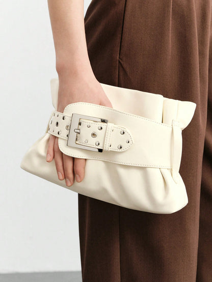SHECARRY Ladies' Stylish Soft Clutch With Belt Buckle Trim Details