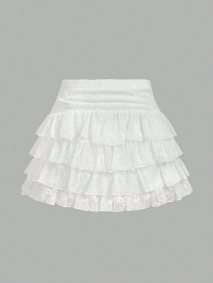 SHEIN MOD Women's White Lace Ruffle Hem Mini Skirt,Valentine Day,Vacation Outfits Woman,Club Outfits Women