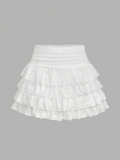 SHEIN MOD Women's White Lace Ruffle Hem Mini Skirt,Valentine Day,Vacation Outfits Woman,Club Outfits Women