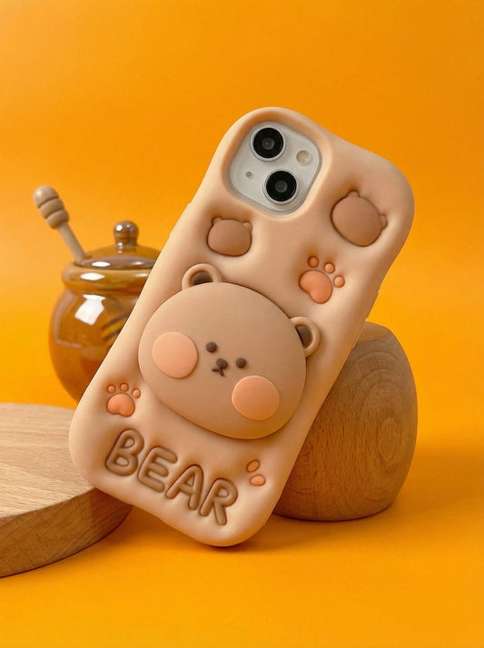 ShellaStory 3D Bear Expandable Stand Phone Case Compatible With 13,14ProMax/I14Pro/14, IPhone17ProMax, Novelty Silicone Cartoon Case For 11/12/15ProMax/15Pro/15, 16ProMax/16Pro/16, Cute Basic Case