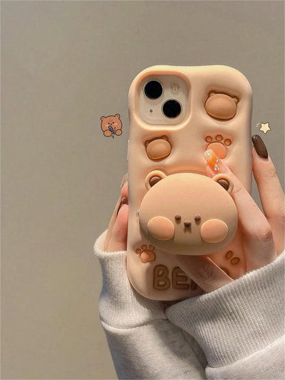 ShellaStory 3D Bear Expandable Stand Phone Case Compatible With 13,14ProMax/I14Pro/14, IPhone17ProMax, Novelty Silicone Cartoon Case For 11/12/15ProMax/15Pro/15, 16ProMax/16Pro/16, Cute Basic Case