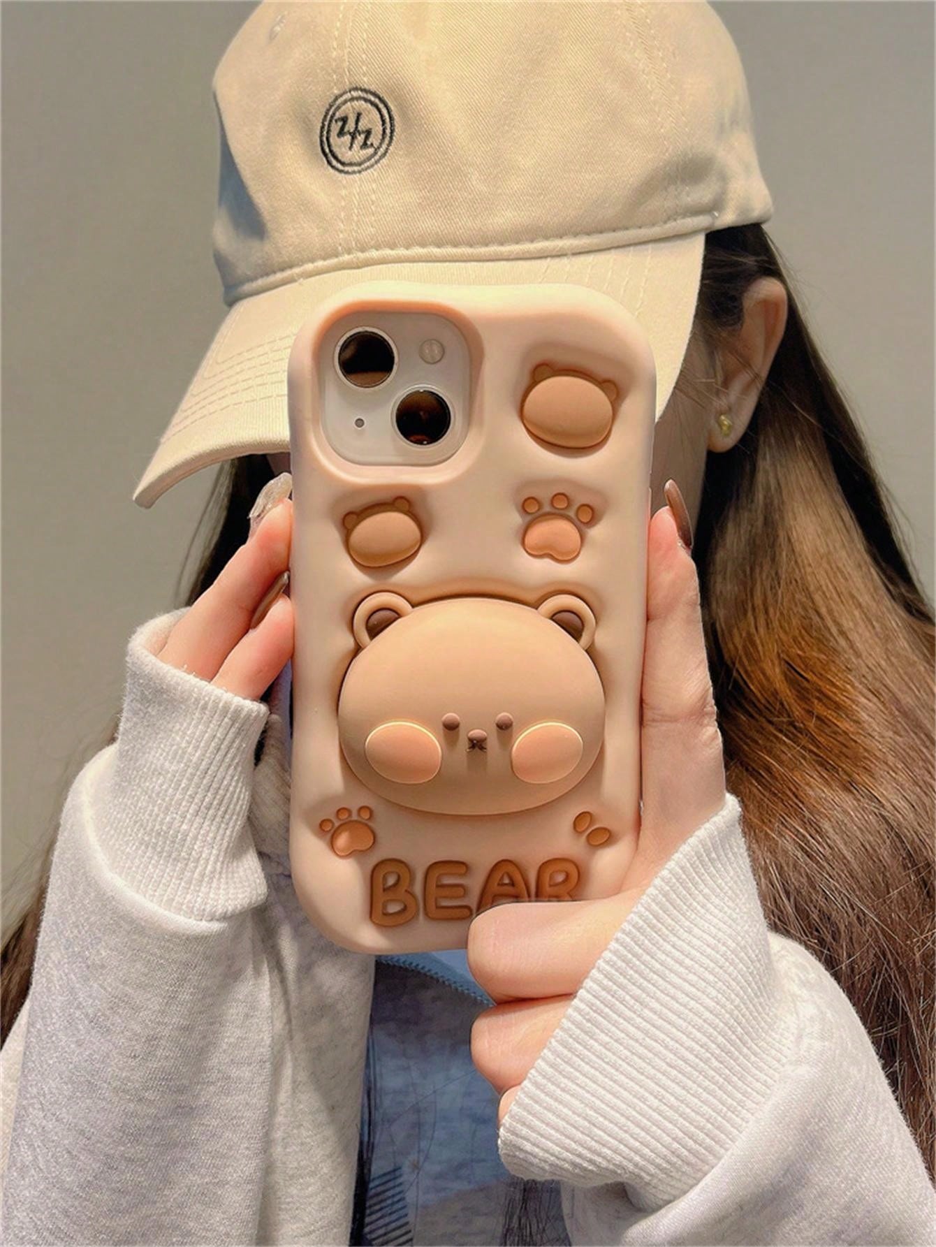 ShellaStory 3D Bear Expandable Stand Phone Case Compatible With 13,14ProMax/I14Pro/14, IPhone17ProMax, Novelty Silicone Cartoon Case For 11/12/15ProMax/15Pro/15, 16ProMax/16Pro/16, Cute Basic Case