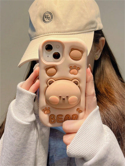 ShellaStory 3D Bear Expandable Stand Phone Case Compatible With 13,14ProMax/I14Pro/14, IPhone17ProMax, Novelty Silicone Cartoon Case For 11/12/15ProMax/15Pro/15, 16ProMax/16Pro/16, Cute Basic Case