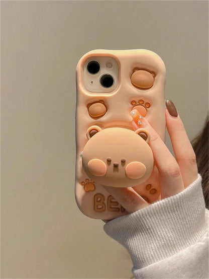 ShellaStory 3D Bear Expandable Stand Phone Case Compatible With 13,14ProMax/I14Pro/14, IPhone17ProMax, Novelty Silicone Cartoon Case For 11/12/15ProMax/15Pro/15, 16ProMax/16Pro/16, Cute Basic Case