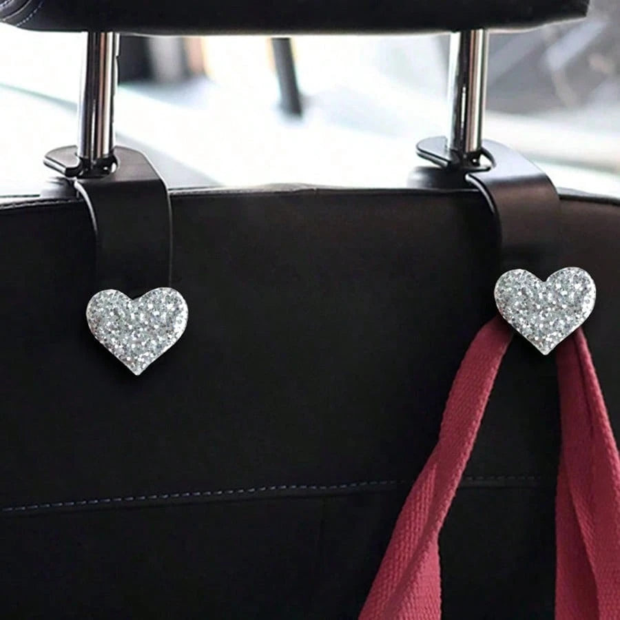 Shiny Rhinestone Heart-Shaped Car Hook, Used For Hanging Wallets And Bags, Multi-Functional Headrest Hook, Can Store Car Items, Fashionable Storage For Backpacks, Umbrellas And Shopping Bags