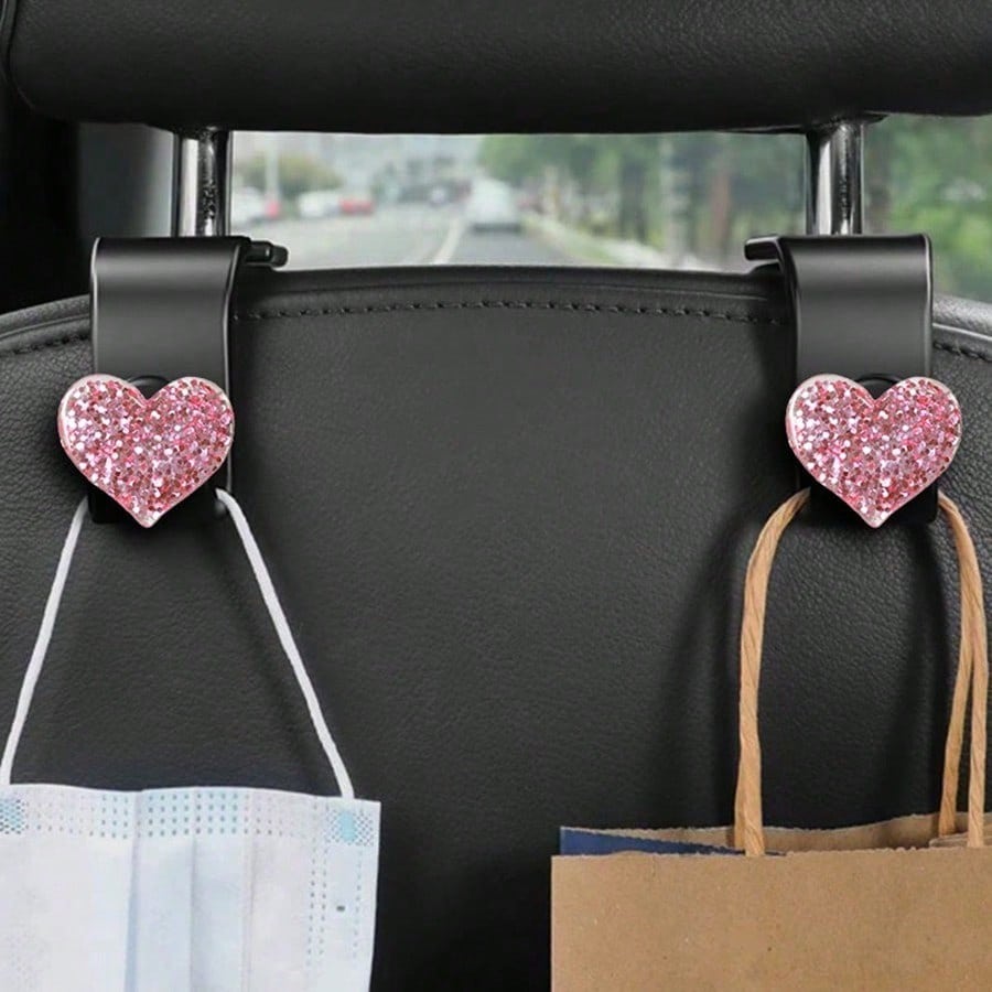 Shiny Rhinestone Heart-Shaped Car Hook, Used For Hanging Wallets And Bags, Multi-Functional Headrest Hook, Can Store Car Items, Fashionable Storage For Backpacks, Umbrellas And Shopping Bags