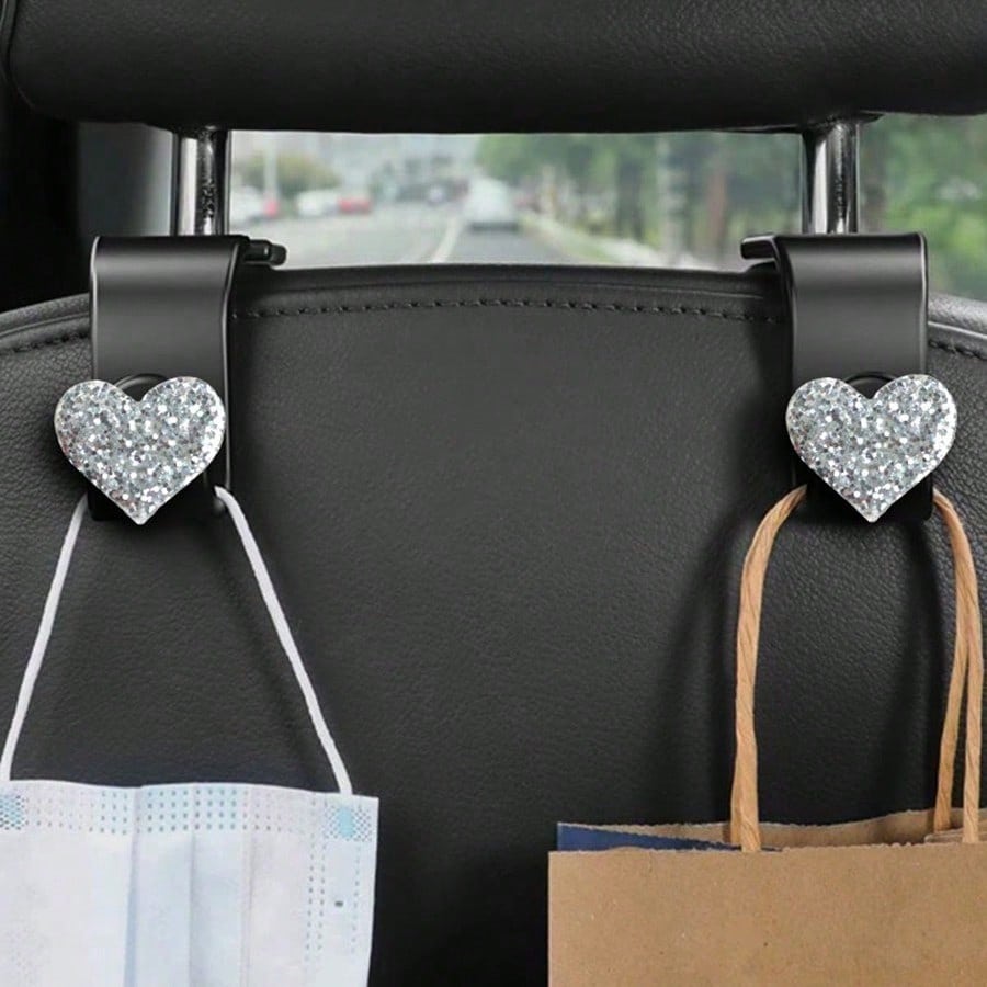 Shiny Rhinestone Heart-Shaped Car Hook, Used For Hanging Wallets And Bags, Multi-Functional Headrest Hook, Can Store Car Items, Fashionable Storage For Backpacks, Umbrellas And Shopping Bags