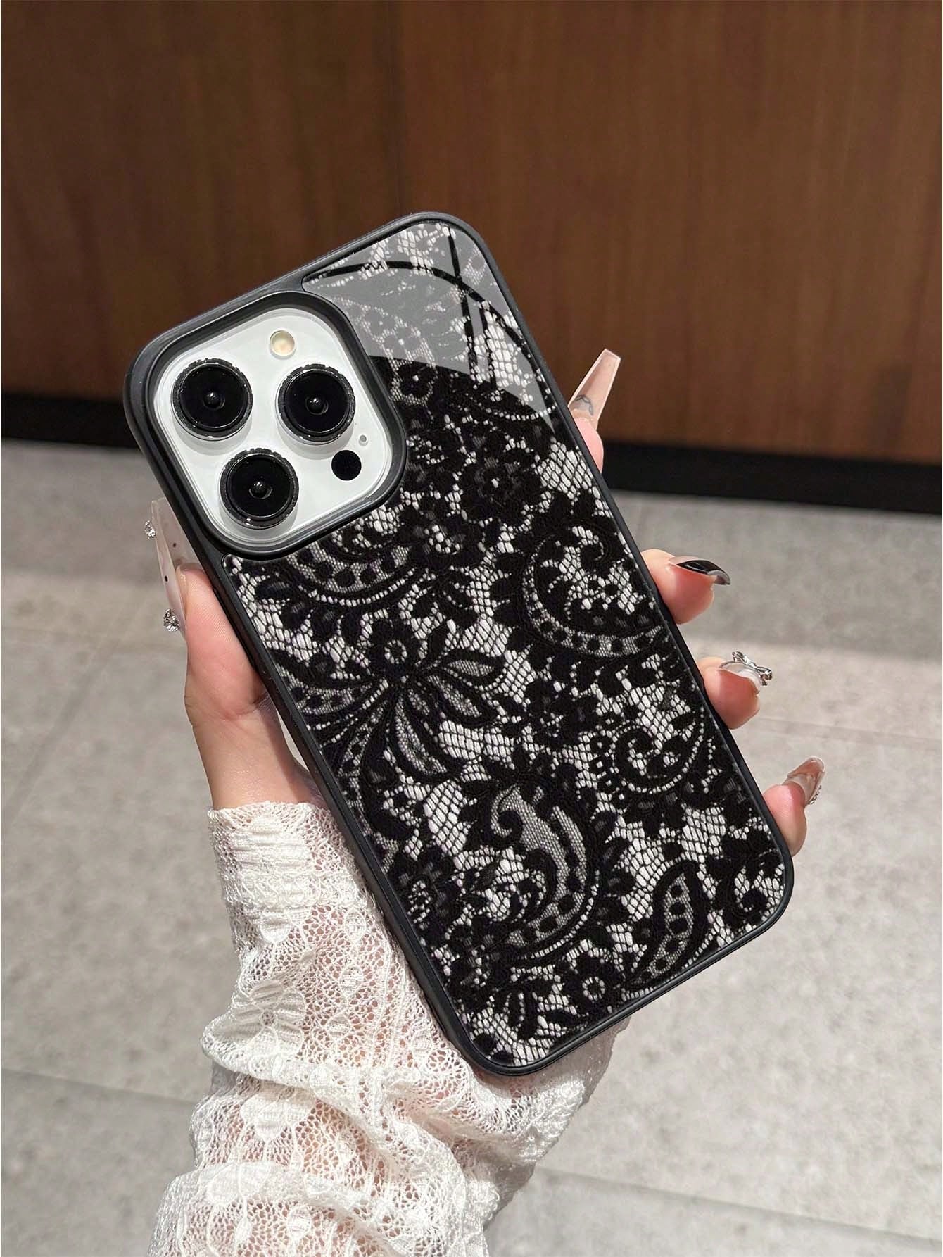 Shockproof Lace Element 1pc Acrylic 2-In-1 Lace Pattern Phone Case Compatible With IPhone 17 Pro Max 11/12/13/14 Plus XR/7/8 Plus 15 Pro Max 17 Pro 17 Air 16 Pro Max And Series Spring Gift Birthday Ca