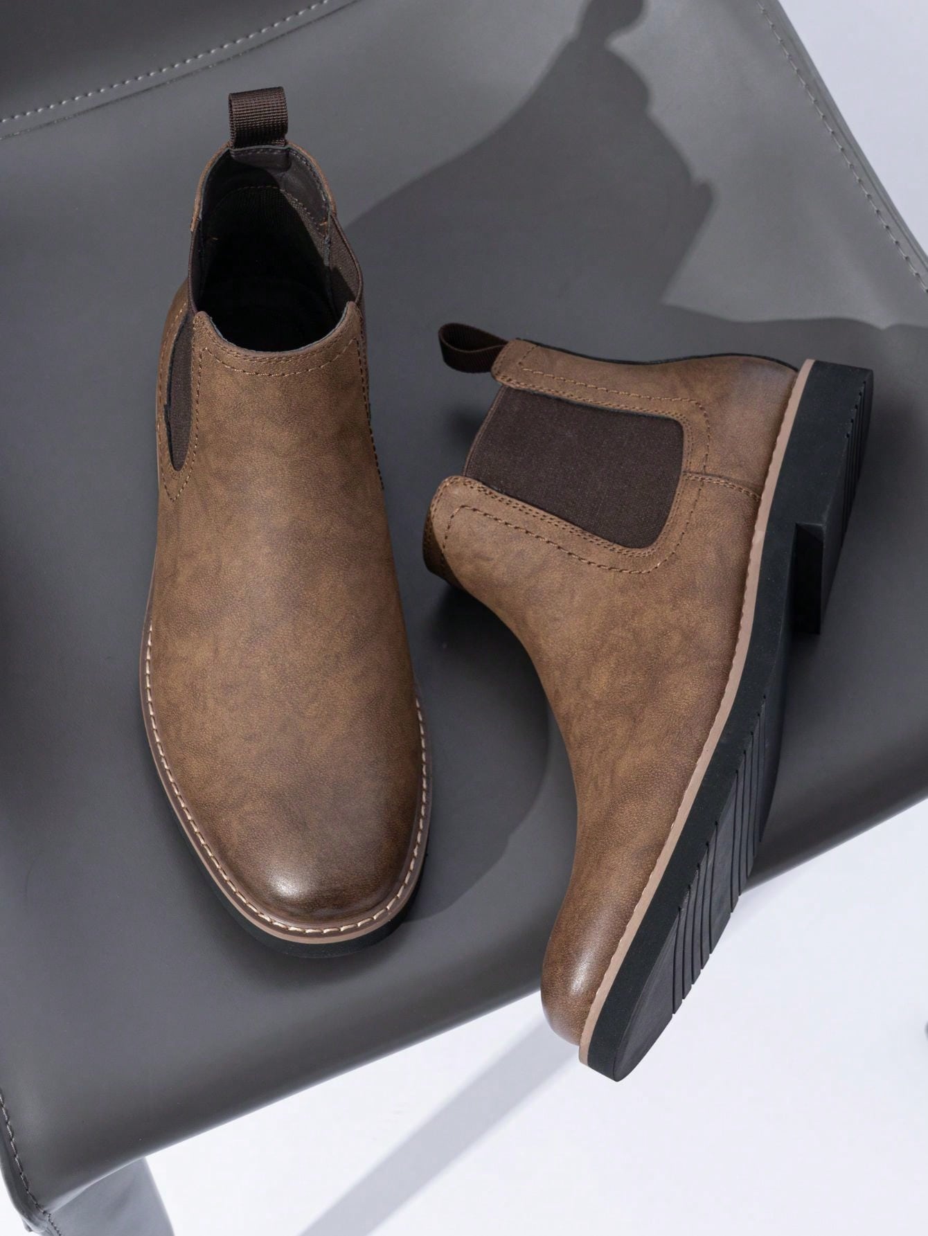 SHOESMALL Men's British Korean Style Pointed Toe High-Top Brown Chelsea Boots, Slip-Resistant & Wear-Resistant Fashionable PU Leather Boots