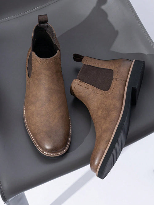 SHOESMALL Men's British Korean Style Pointed Toe High-Top Brown Chelsea Boots, Slip-Resistant & Wear-Resistant Fashionable PU Leather Boots