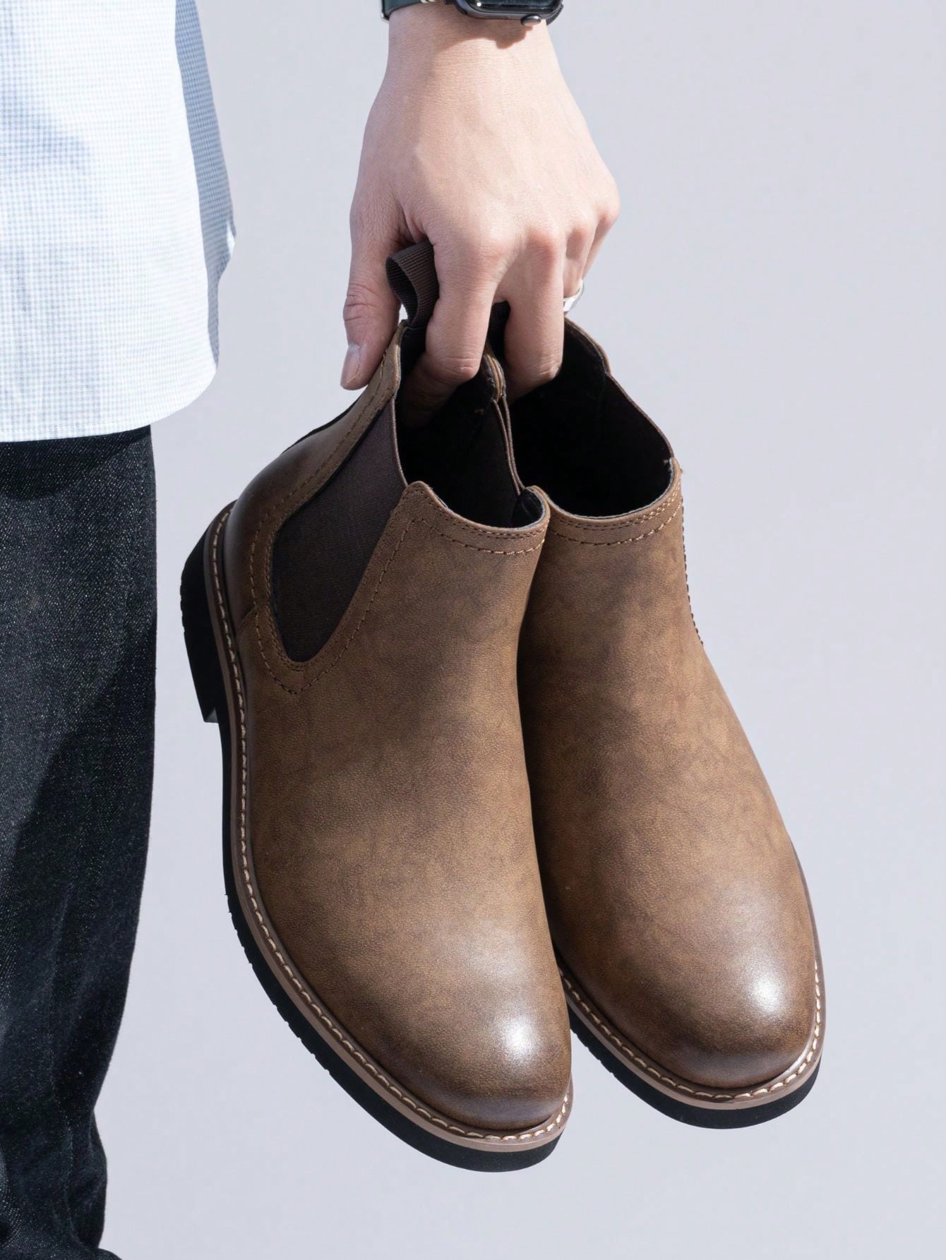 SHOESMALL Men's British Korean Style Pointed Toe High-Top Brown Chelsea Boots, Slip-Resistant & Wear-Resistant Fashionable PU Leather Boots
