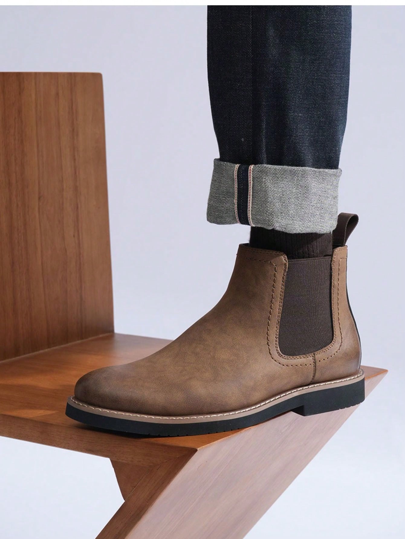 SHOESMALL Men's British Korean Style Pointed Toe High-Top Brown Chelsea Boots, Slip-Resistant & Wear-Resistant Fashionable PU Leather Boots