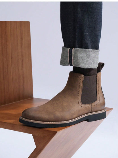 SHOESMALL Men's British Korean Style Pointed Toe High-Top Brown Chelsea Boots, Slip-Resistant & Wear-Resistant Fashionable PU Leather Boots