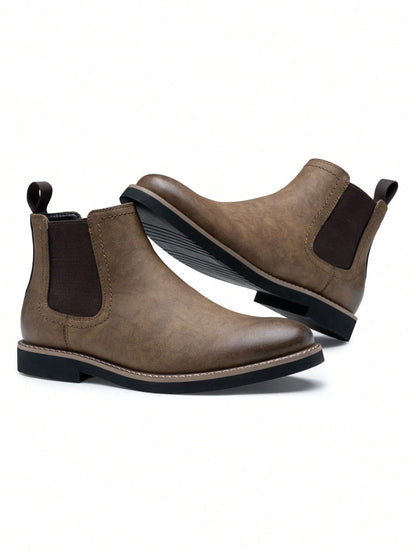 SHOESMALL Men's British Korean Style Pointed Toe High-Top Brown Chelsea Boots, Slip-Resistant & Wear-Resistant Fashionable PU Leather Boots